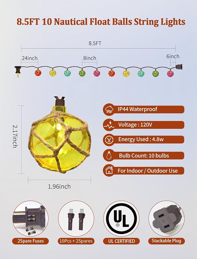 8.5Ft Nautical Fishing Float String Lights,Plug in Beach Themed Buoy Lights | Set of 10 LED Tiki Bar Lights Indoor, Beach Camping, Bedroom Decor and Outdoor Patio Decorations-Multicolor