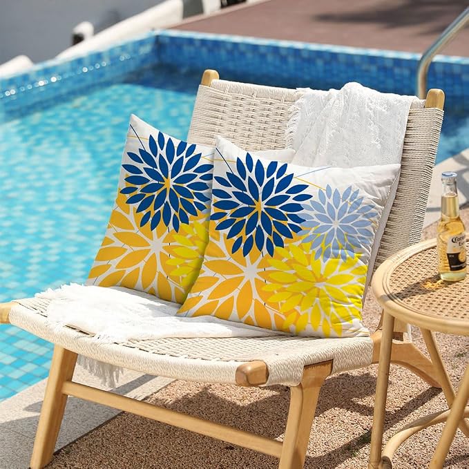 DFXSZ Pack of 2 Outdoor Waterproof Throw Pillow Covers 20x20 Blue Yellow | Polyester Colorful Spring Summer Floral Decorative Cushion Cases(NO INSERT),For Couch Patio Funiture Garden Home Decor