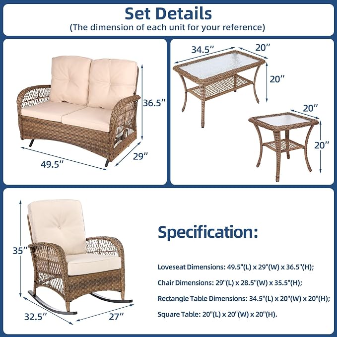 5-Piece Wicker Patio Furniture Sets Outdoor All-Weather Rattan Conversation Set Includes Glider Loveseat, 2 Glass-Top Coffee Tables, 2 Rocking Chairs for Porch Backyard, Light Brown