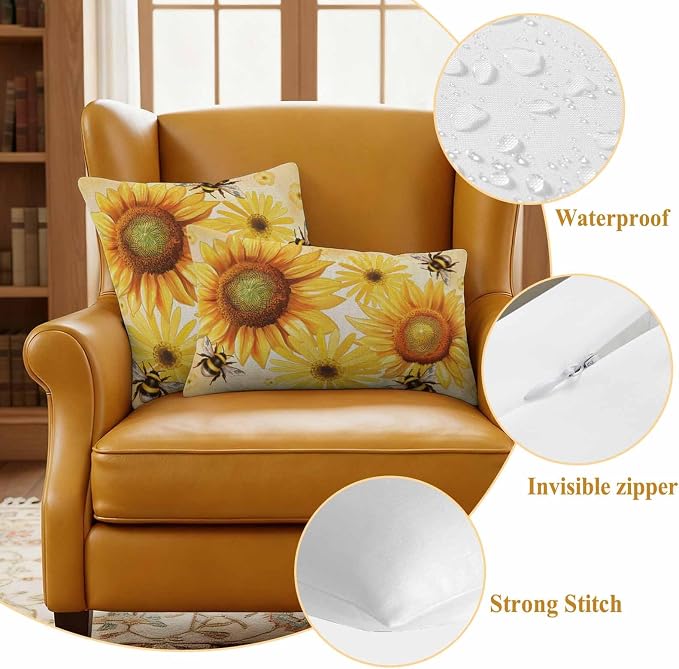 Outdoor Throw Pillow Covers,Farmhouse Sunflower Bee on Linen Waterproof Decorative Pillowcases Cushion Cover Retro Pastoral Yellow Flower Pillow Cases for Patio Couch Sofa Bed,18x18in Set of 2