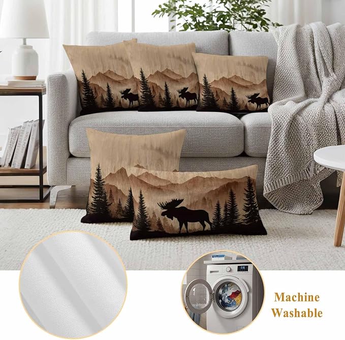 Moose Silhouette Outdoor Pillow Covers 26"x26" Set of 2, Nature Mountain Landscape Waterproof Throw Pillow Covers for Patio Furniture, Decorative Cushion Covers for Porch