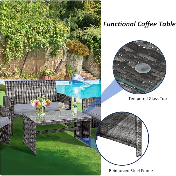 Outdoor Conversation Set, 4 Pieces Wicker Patio Furniture Set with Ergonomic Curved Design, Patio Chair Set with Water-Resistant Cushion & Tempered Glass Table for Balcony, Porch(Gray)