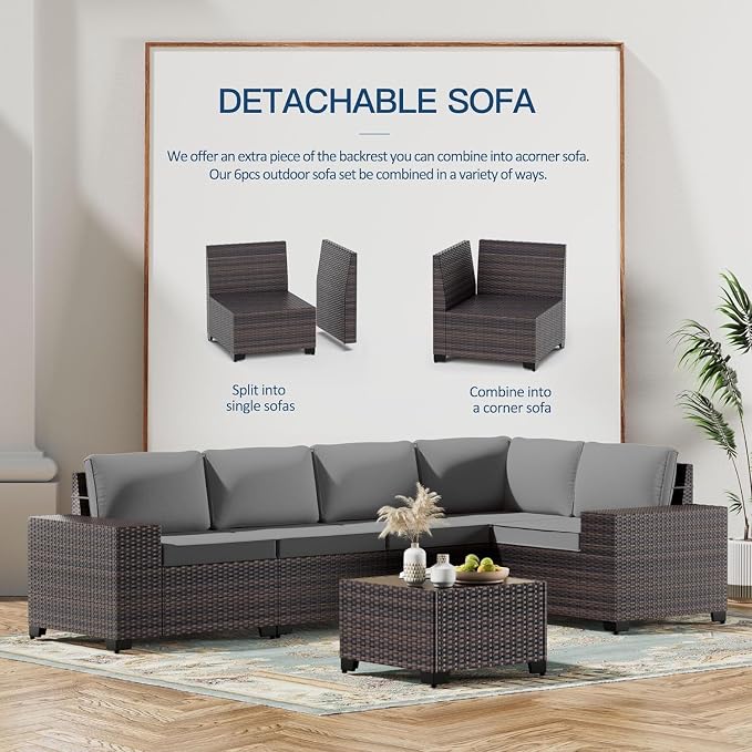 Kullavik Outdoor Patio Furniture Set,12 Pieces Sectional Rattan Sofa Set Brown PE Rattan Wicker Patio Conversation Set with 10 Seat Cushions and 2 Tempered Glass Coffee Table,Grey
