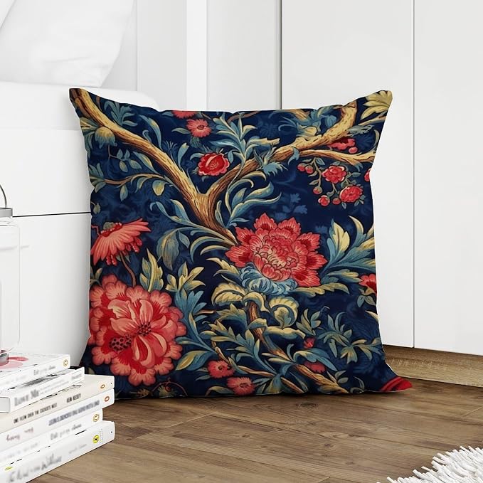 Pillowcase Navy Blue Floral Botanical Cushion Cover Abstract Burgundy Gold Olive Pillow Cover Accent Modern Decorative Pillow Covers for Patio Furniture Porch 18x18 in