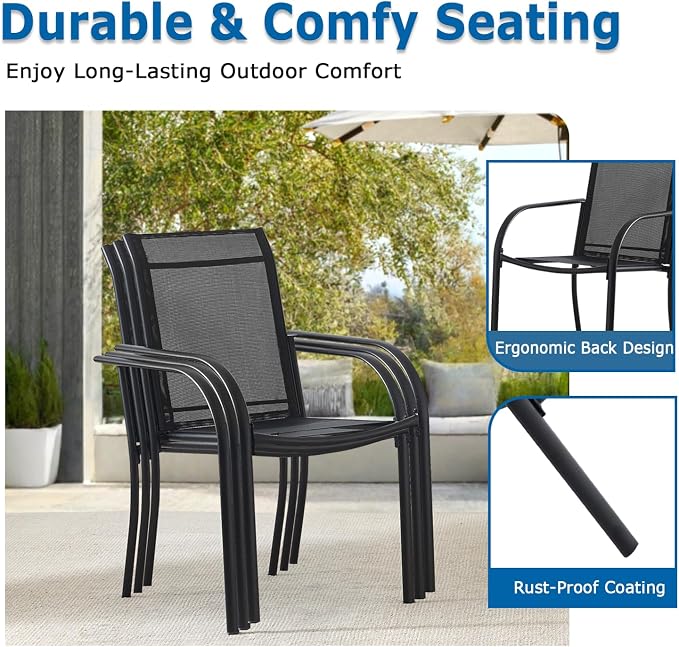 5 Piece Patio Dining Set for 4, 37.5” Black Square Table with Umbrella Hole and 4 Black Patio Stackable Chairs, Patio Table and Chairs for Backyard, Lawn, Deck & Garden