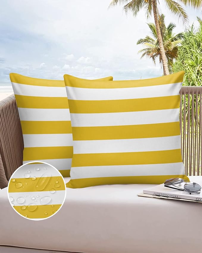 Outdoor Waterproof Throw Pillow Covers Set of 2 Yellow White Stripe Pillowcases 24x24 Inches Simple Style Striped Decorative Pillows Cushion Case Patio Pillows for Couch Bed Chair Garden