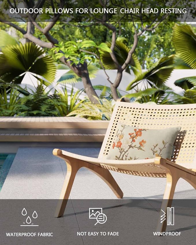 Chaise Lounge Head Resting Pillows,Retro Flower Plum Blossom Bud Branch Leaves Linen Outdoor Chaise Pillows,Waterproof Patio Furniture Pillows with Insert and Adjustable Elastic Strap for Beach Chair