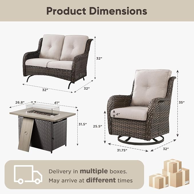 Belord 4 Piece Patio Wicker Furniture Set, Outdoor Swivel Rocker Chairs, All Weather Outdoor Patio Loveseat Set with Fire Pit Table for Deck Porch, Brown Wicker/Beige