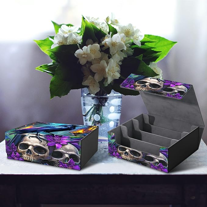 Card Deck Box for MTG, Cards Storage Box Fits 120+ Sleeved, Leather Big Size Strong Magnetic Closing Case for Board Games Magic TCG CCG Baseball Collection Women Man, Purple Flower Eagle