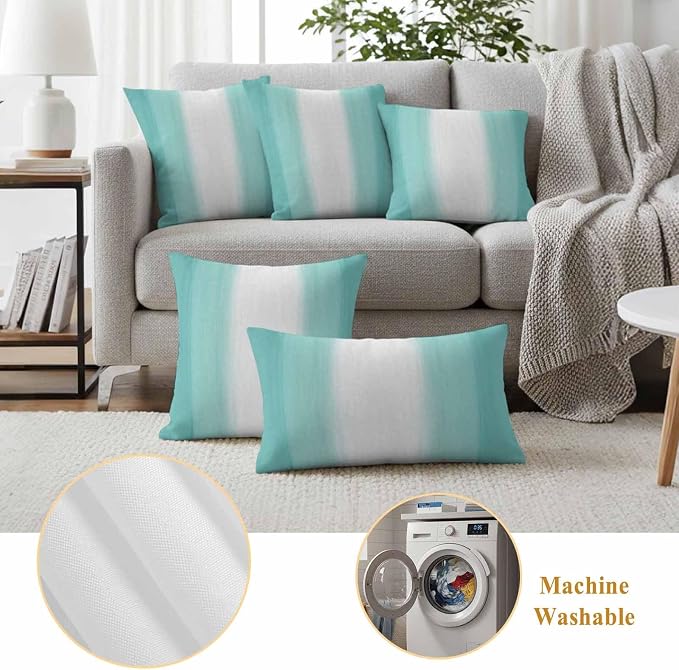 Teal Abstract Stripes Outdoor Pillow Covers 18"x18" Set of 2, Modern Teal White Gradient Waterproof Throw Pillow Covers for Patio Furniture, Decorative Cushion Covers for Porch