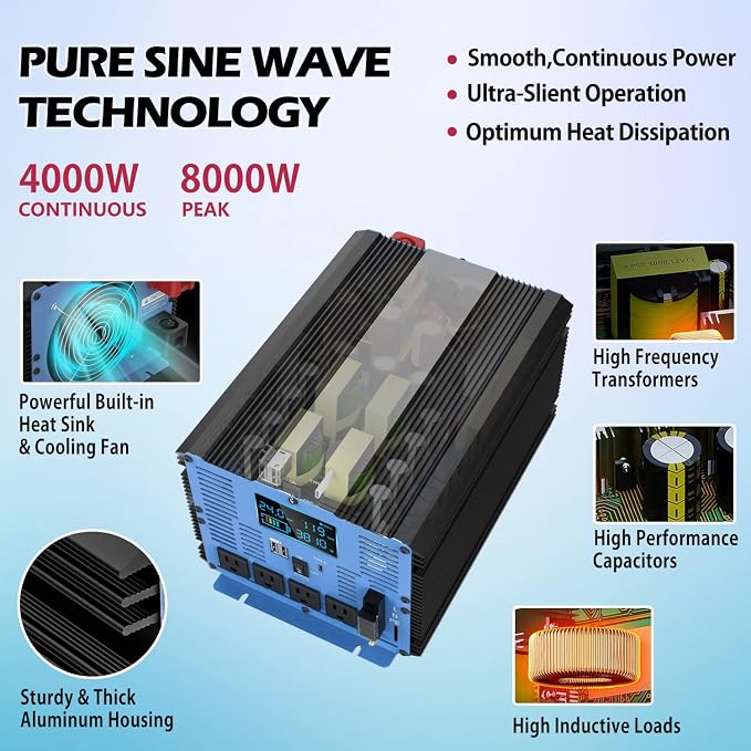 Pure Sine Wave Power Inverter - 4000W 24V DC to 110V/120V AC, 4 Sockets, Dual USB, Type-C, LCD Display, Remote Control for Home, RV, Solar, Car