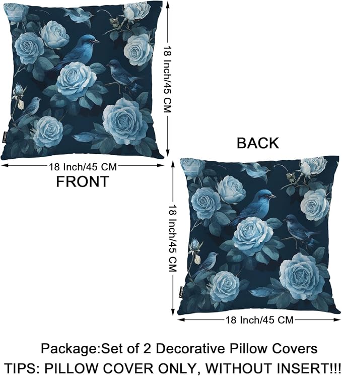 Swono Rose Set of 2 Decorative Throw Pillow Covers Cushion Case, Watercolor Blossom Roses Peony Farmhouse Pillowcase Cozy Pillow Cover for Couch Sofa Bed Garden Chair Car 18 X 18 Inch Blue