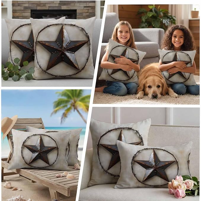Farmhouse Vintage Waterproof Outdoor Pillow Covers Set of 2 Home Decor, Country Western Texas Star Aesthetic Pillowcase Patio Pillow Covers for Couch Bench Furniture Garden 16x16in