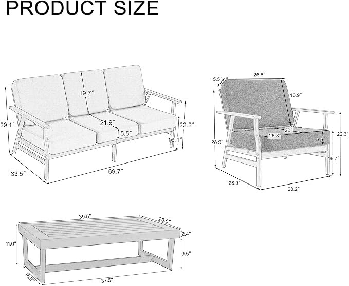 4 Pieces Patio Furniture Sets, Black Wood Outdoor Sectional Furniture with Coffee Table, 5 Seats Patio Sofa Couch Conversation Set for Backyard Deck - Dark Gray