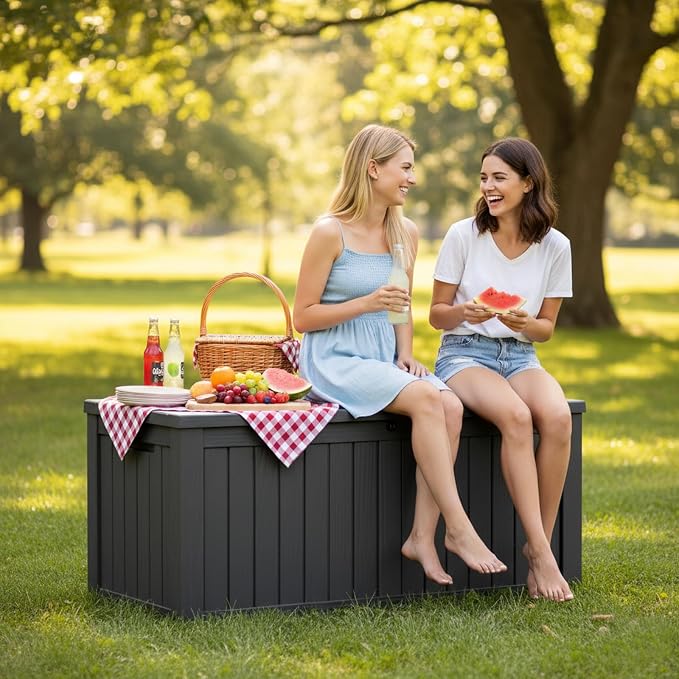 MAKINO 152 Gallon Resin Outdoor Storage Box, Waterproof Deck Box with Lockable Lid, Outside Storage Box for Patio Furniture, Pool Accessories, Garden Tools, Storage Bench for Backyard, Porch, Black