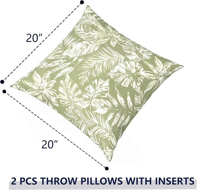 Outdoor Pillows with Insert 20x20 Inch, Waterproof Throw Pillow for Patio Furniture, Decorative Back Cushion for Garden Home Sofa Office Chair, Set of 2, Tropical Leaf Green