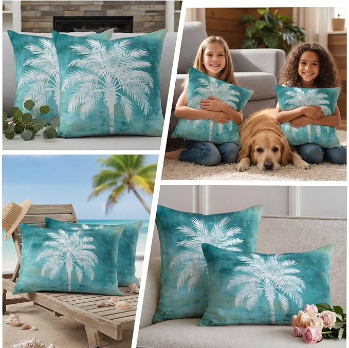 Teal Summer Palm Tree Outdoor Waterproof Pillow Covers, Coastal Beach Tropical Botanical Decorative Square Throw Pillowcase, Vintage Sofa Cushion Sham for Patio/Couch/Chair, 24"x24" 2 Pack