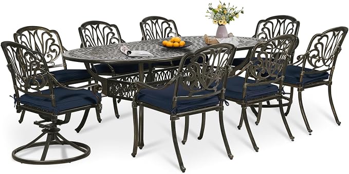 9-Piece Patio Dining Set, Outdoor Patio Table and Chair Set of 84” Oval Cast Aluminum Dining Table with Umbrella Hole, 6 Stationary, 2 Swivel Rocker Chairs, Patio Funiture Set, Navy