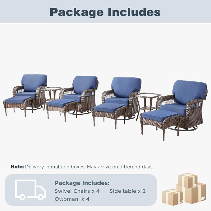Belord Patio Wicker Swivel Rocker Patio Chairs with Ottoman, Outdoor Rattan Chairs for Deck Porch Poolside, 10 Piece Patio Conversation Furniture Set,Blue