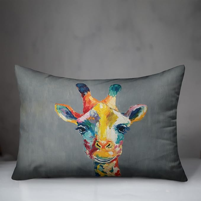 Colorful Giraffe Indoor/Outdoor Pillow | Decorative Pillows for Living Room Couch Bed Sofa Patio, Fluffy Soft Cushion | Water Resistant Multi, 14x20