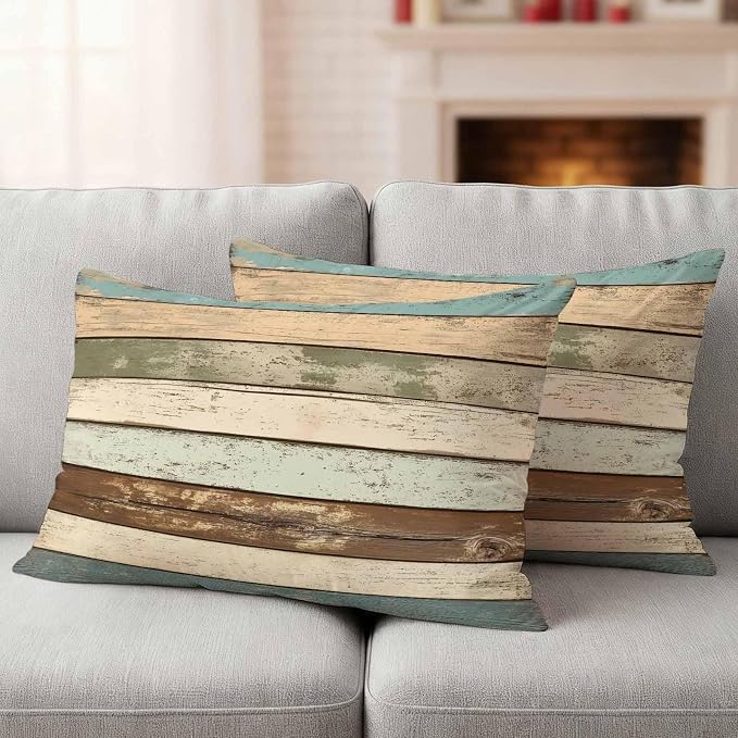Retro Wood Grain Outdoor Waterproof Throw Pillow Covers Set of 2, 20"x12", Blue Brown Vintage Decorative Pillow Covers Outside Cushion Case for Patio Porch Garden
