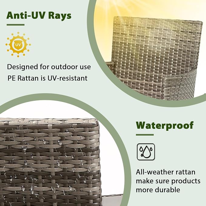 PayLessHere Outdoor Furniture Set 4 Pcs Modular Patio Furniture Set Water Resistant Conversation Set with 3 Rattan Chairs 1 Tempered Glass Topped Table for Patio Poolside, Gray Wicker/Khaki Cushions