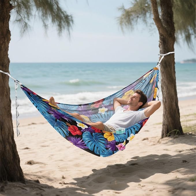 Camping Hammock Outdoor Hammocks for Outside Blue Leaf Hibiscus Flower Beach Trees Portable Lightweight with Pockets Tree Straps Indoor