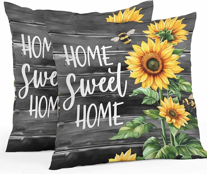 Throw Pillow Covers 24x24 Inch Set of 2, Spring Sunflowers Waterproof Outdoor Pillow Covers, Black Wooden Grain Country Farm Decorative Cushion Pillowcases for Couch, Sofa, Bed, Garden, Patio