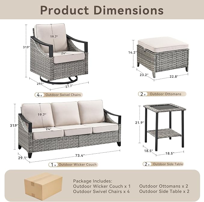9 Piece Outdoor Patio Furniture Sets-High Back Wicker Swivel Rocker Patio Chairs Set of 4 with Thick Cushions Ottomans, Outdoor Sofa, Patio Conversation Sets for Porch Balcony Patio Deck Grey/Beige
