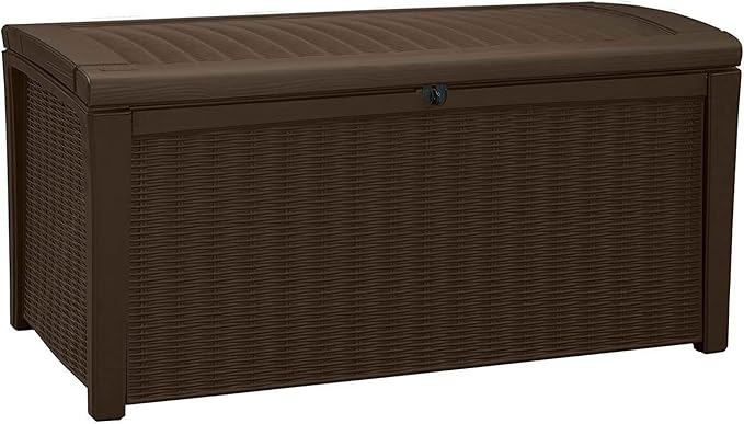 Keter 2-Pack Borneo 110 Gallon Deck Box Organizer, Doubles as 2-Person Bench Seat, Brown – Large Resin Outdoor Storage and Seating with Lockable Lid for Garden, Pool, and Patio