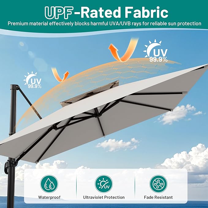 AreShark 11×11FT Double-Top Cantilever Patio Umbrella, Square Offset Umbrella with 360 Degree Rotation, Heavy Duty Patio Umbrella for Garden Deck Pool, 5 Tilt Angles, Light Grey