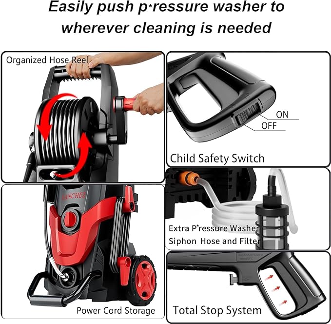 2026Upgraded Pressure Washer 4800PSI w/4 Quick Connect Nozzles, Inlet Hose & Filter&500ML Soap Tank, High Cleaning Machine for Cars/Fences/Driveways/Patios/Home Cleaning,Red