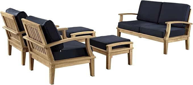 Modway Marina Premium Grade A Teak Wood 5-Piece Outdoor Patio Furniture Set in Natural Navy
