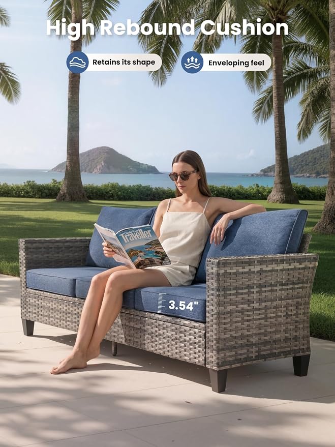 5-Piece Outdoor Patio Furniture Set with Swivel Chairs, Outdoor Conversation Wicker Sofa with Coffee Table, Rattan Couch for Deck, Backyard, Poolside (Blue)