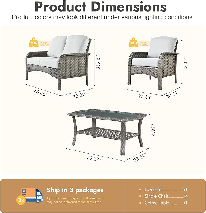 6 Pieces Patio Furniture Set, All-Weather Rattan Wicker Outdoor Furniture Loveseat Chairs with Coffee Table, High Back Conversation Set for Porch, Backyard, Balcony,Grey