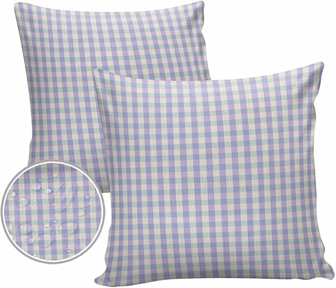 Outdoor Waterproof Throw Pillow Covers Set of 2 Purple Buffalo Plaid Pillowcases 16x16 Inches Linen Classic Checked Patio Decorative Pillows Cushion Case Patio Pillows for Couch Bed Chair Garden