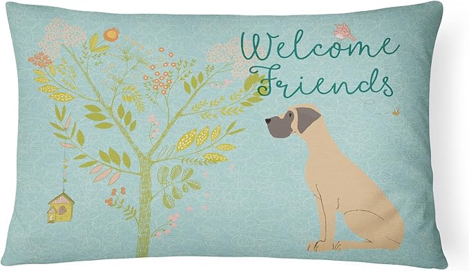 Caroline's Treasures BB7588PW1216 Welcome Friends Fawn Great Dane Natural Ears Canvas Fabric Decorative Pillow Machine Washable, Indoor Outdoor Decorative Pillow for Couch, Bed or Patio, 12HX16W