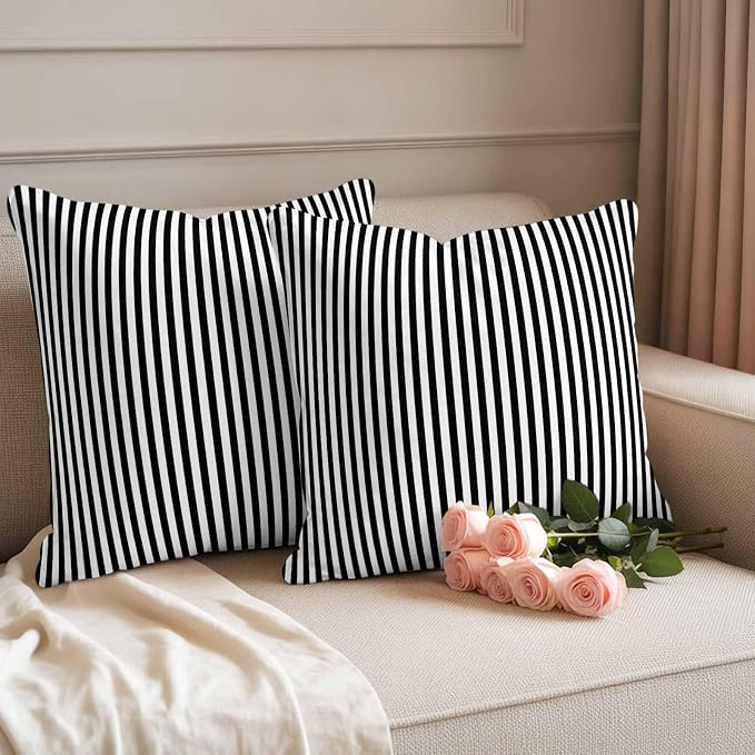 Throw Pillow Covers 16x16 Inch Set of 2, Black White Stripe Waterproof Outdoor Cushion Covers, Modern Minimalist Geometric Striped Decorative Pillowcases for Couch, Sofa, Bed, Garden, Patio