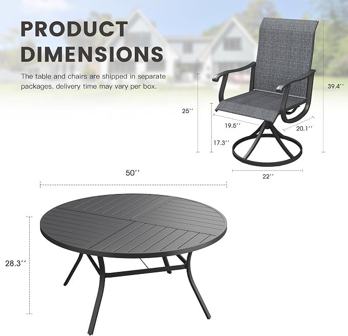 Outdoor Dining Set for 6, 50.1" Metal Round Outdoor Dining Table with Umbrella Hole and Sling Patio Swivel Chairs, 7 Pieces Patio Table and Chairs Set for Garden Backyard, Charcoal and Black