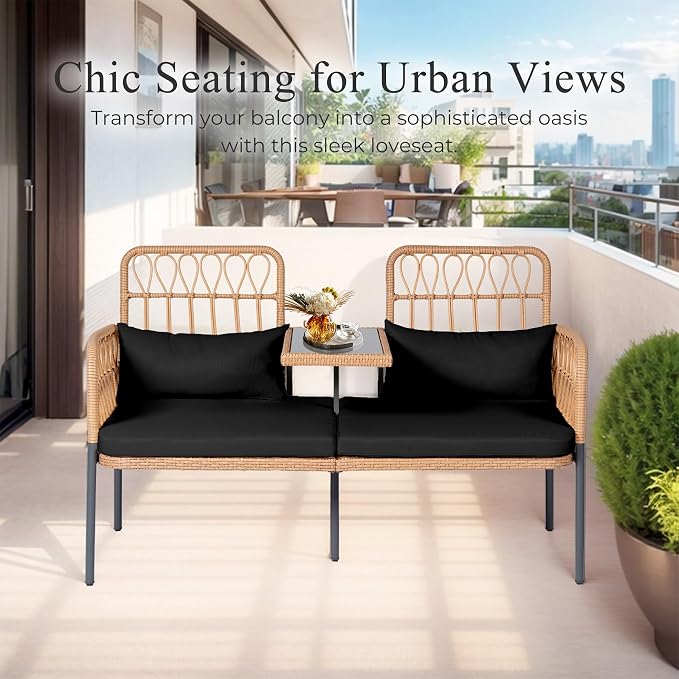 PROHIKER Outdoor Rattan Loveseat with Built-in Glass Table, 2-Seat Wicker Patio Furniture Set with Lumbar Pillows & Thick Cushions, All-Weather Conversation Sofa for Balcony, Porch & Backyard