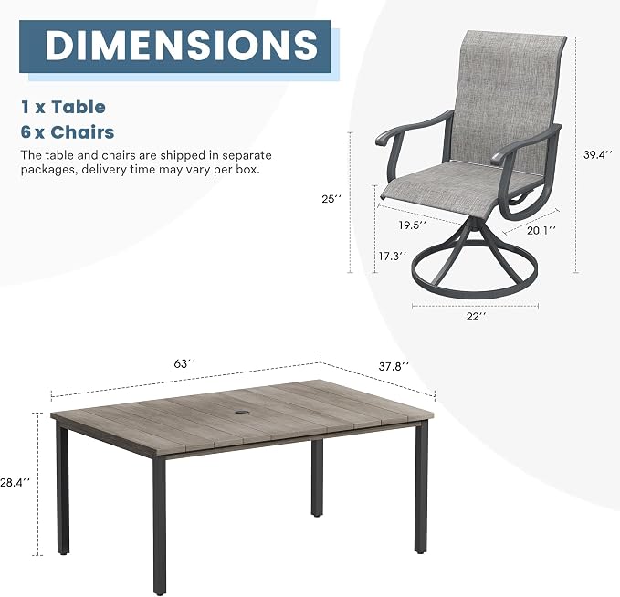 DIFY Outdoor Dining Set for 6, 7 Piece Patio Table and Chairs Set, Grey Textilene Swivel Patio Chairs & 63" Grey Wood-Like Rectangle Metal Dining Table with Umbrella Hole, for Garden Backyard Deck