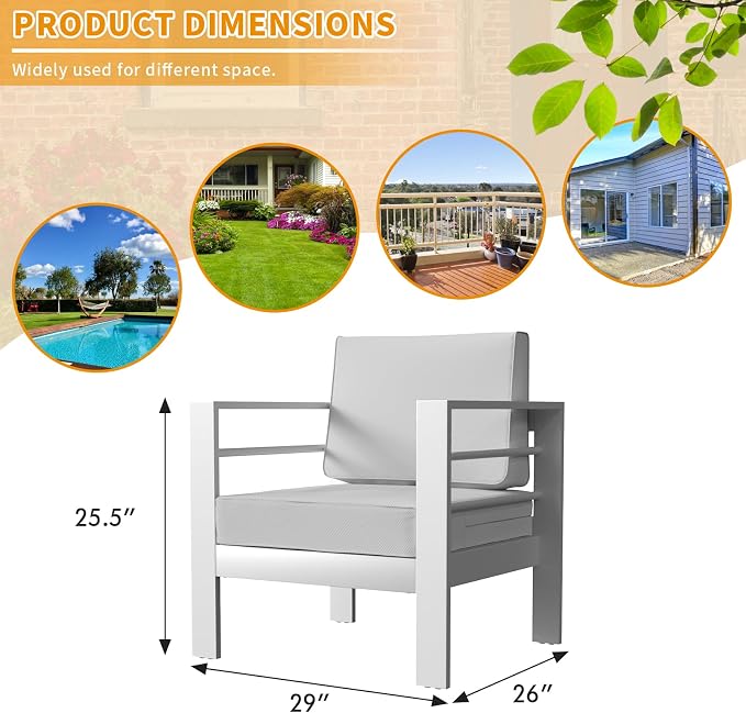 Aluminum Patio Furniture Set, Single Chair Outdoor Set with 5 Inch Cushions, Patio Sofa Sets with Waterproof Covers for Backyard Garden(White)