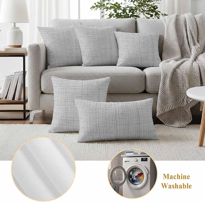 Outdoor Waterproof Throw Pillow Covers Set of 2 Grey Linen Texture Lumbar Pillowcases 20x12 Inches Solid Color Decorative Pillows Cushion Case Patio Pillows for Couch Bed Chair Garden