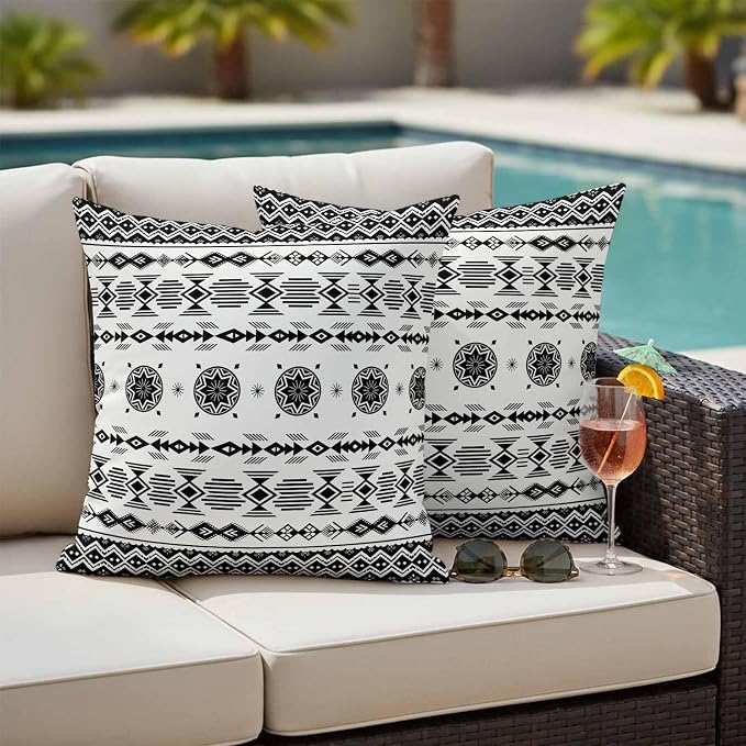Black White Boho Outdoor Pillow Covers 20x20 Inch Throw Pillow Covers Set of 2 Waterproof Decorative Pillow Cases Vintage Abstract Art Ethnic Tribe Cushion Covers for Patio Furniture Garden Couch Sofa