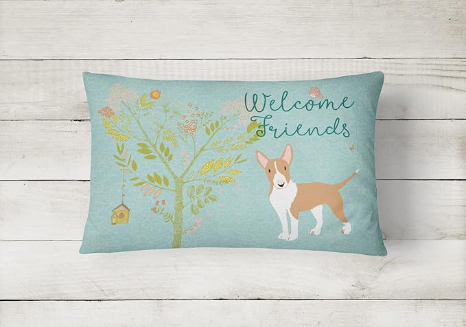 Caroline's Treasures BB7605PW1216 Welcome Friends Brown Bull Terrier Canvas Fabric Decorative Pillow Machine Washable, Indoor Outdoor Decorative Pillow for Couch, Bed or Patio, 12HX16W