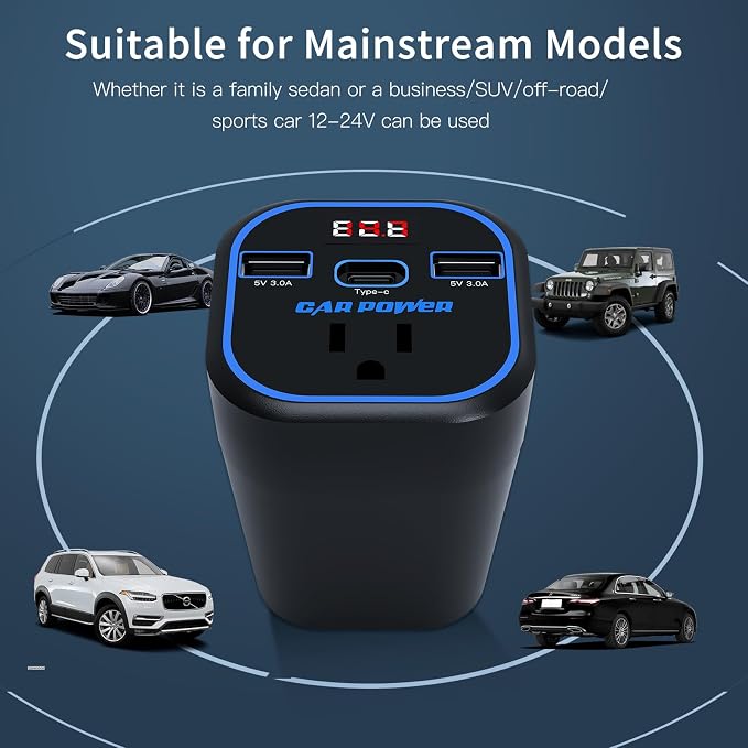 FAMIDGE 200W Car Power Inverter, car Outlet Adapter 12v to 110v, Car Outlet Adapter with Dual USB and Type-C, car Adapter for Plug Outlet, Laptop, CPAP, 2025 New Upgrated Overload Protection, Blue