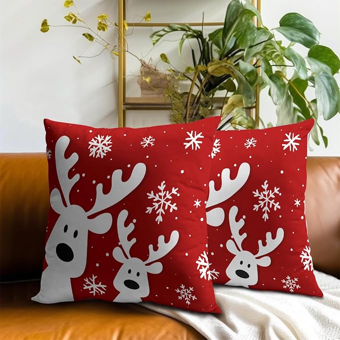 Christmas Reindeer Throw Pillow Covers 20x20, 2 Pack Xmas Deers Snowflakes Red Double-Sided Decorative Pillow Cases Cushion Cover for Farmhouse Bed Couch Living Room Outdoor Car
