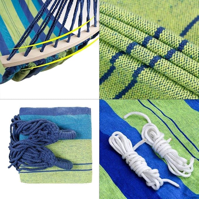Outdoor Camping Canvas Fabric Portable Garden Ultralight Striped Hammocks with Strong Rope (100 cm, Wooden Curved Strip, Blue)
