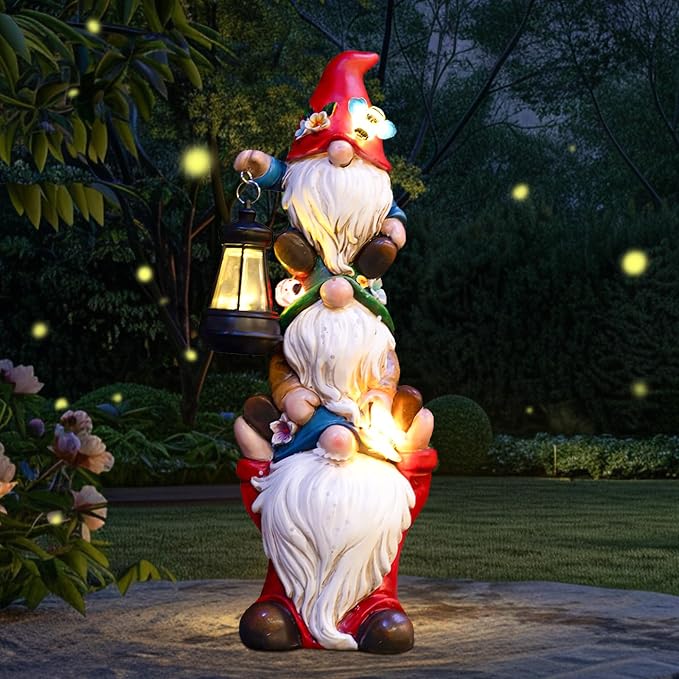 twinbling 17 in Large Garden Gnome Statue with Solar Lights | Sculptures Funny Triple Big Gnome Outdoor Patio Lawn Yard Balcony Garden Home Decor Gifts for Women Mom Mothers Day Gifts
