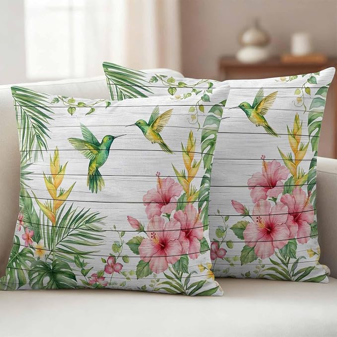 Hummingbirds Hibiscus Outdoor Waterproof Pillow Covers Pack of 2, Birds Botanical Tropical Plant Wood Grain Throw Pillowcases Decorative Cushion Covers for Garden Patio Tent Sofa Couch, 20x20 inch